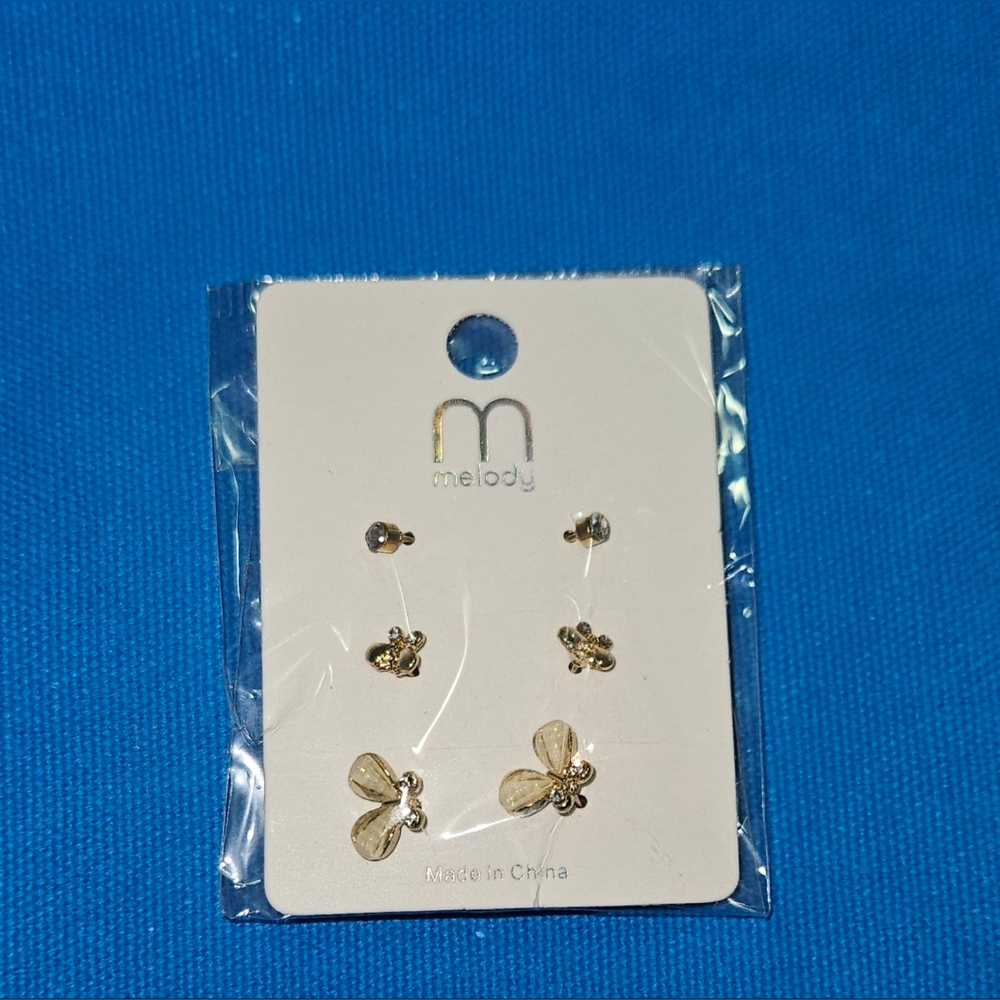 3 Pairs Elegant Gold Tone Butterfly Earrings BNIB
